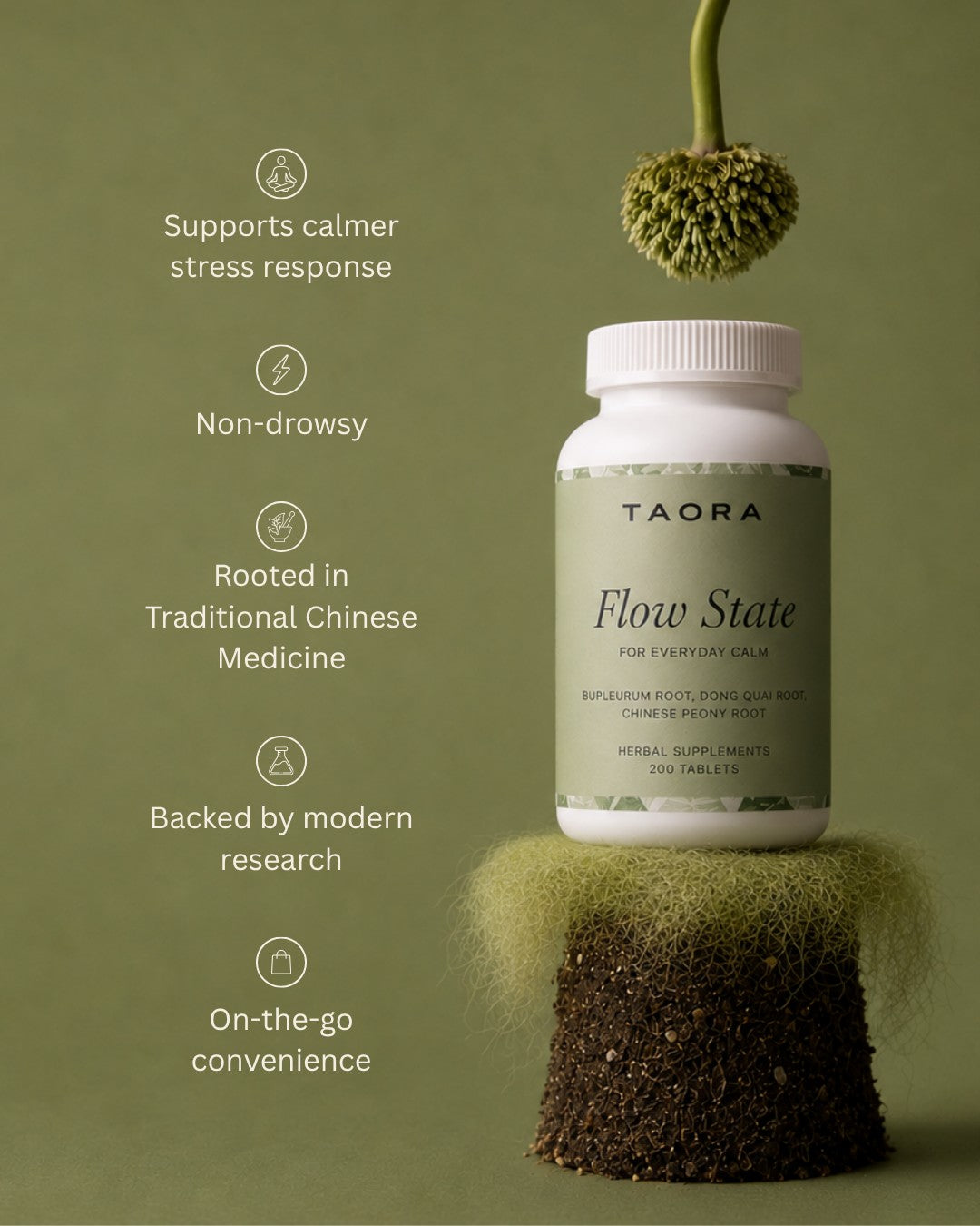 Taora Flow State, a traditional Chinese herbal tonic in a white bottle