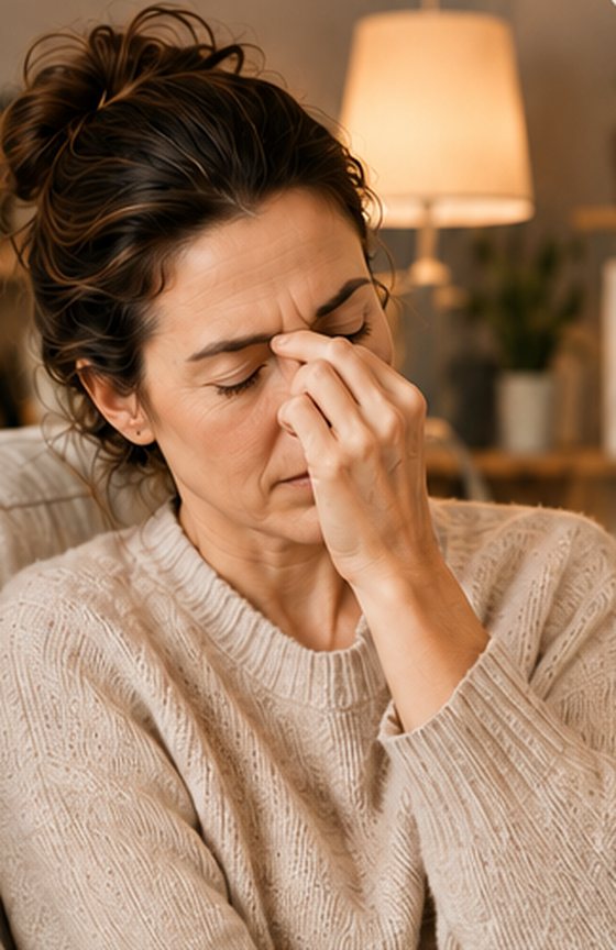 A woman sitting at home pinching the bridge of her nose