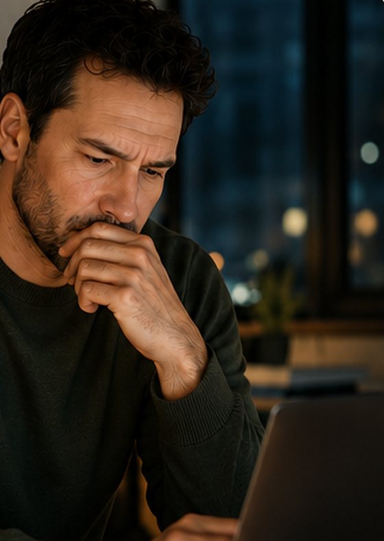 A man at a laptop late in the evening, lost in thought