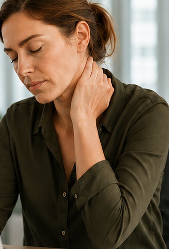 A woman at a desk holding the side of her neck